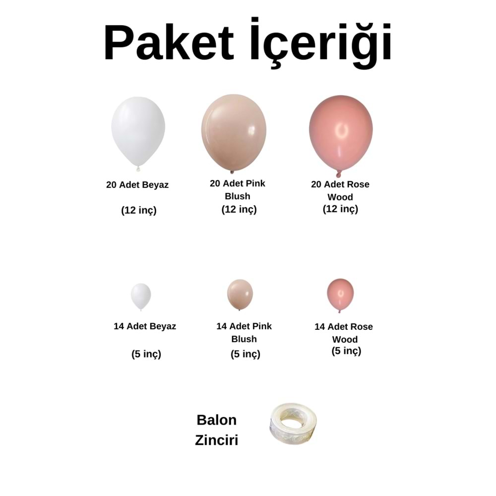 Balon Seti Beyaz-Pink Blush-Rose Wood 100 lü + Balon Zinciri Seti
