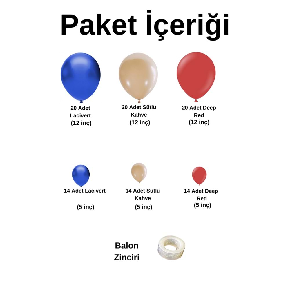 Balon Seti Lacivert-Sütlü Kahve-Deep Red 100 lü Balon Zinciri Seti