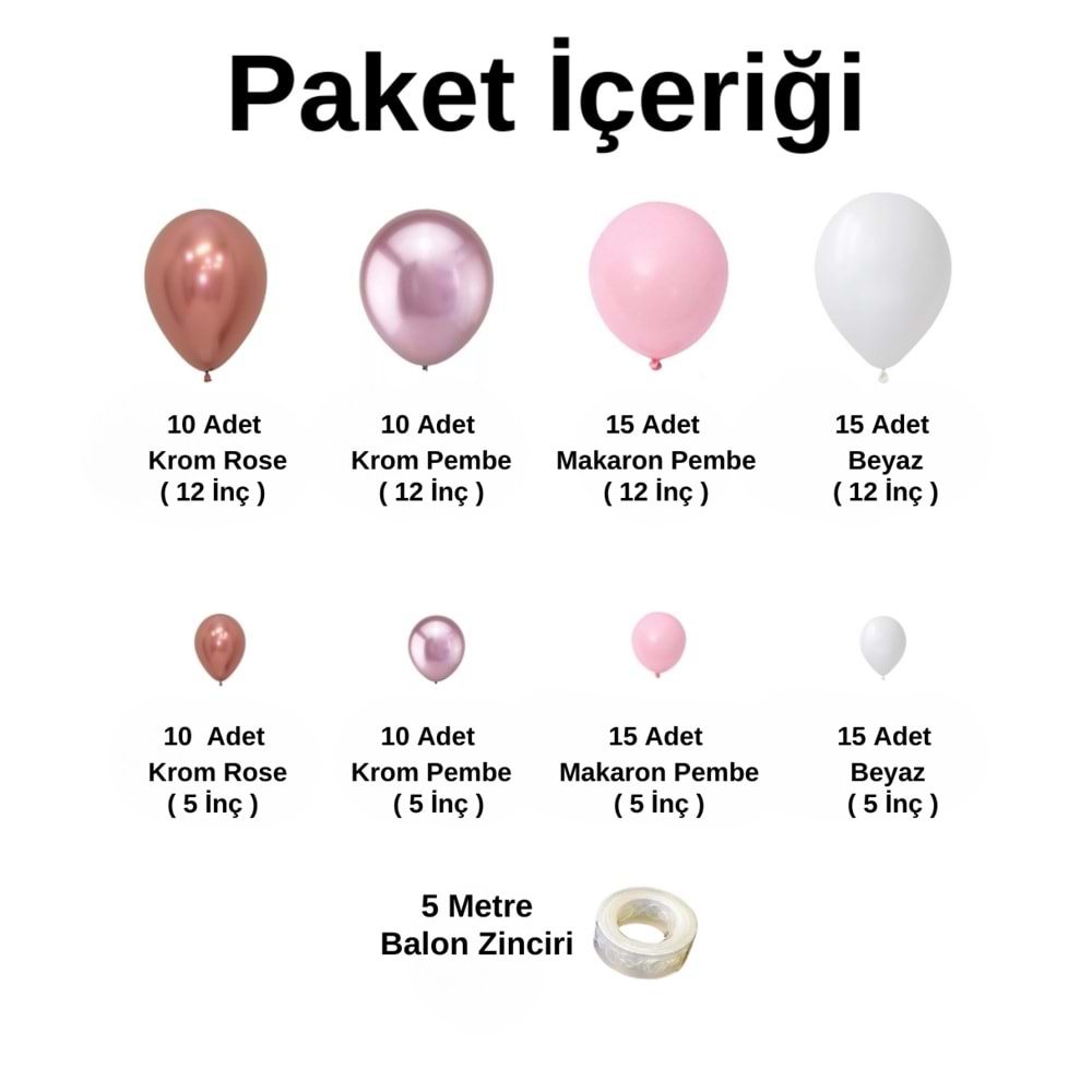 Balon Seti Krom Rose Gold-Krom Pembe-Makaron Pembe-Beyaz 100 Lü Balon Zinciri Seti