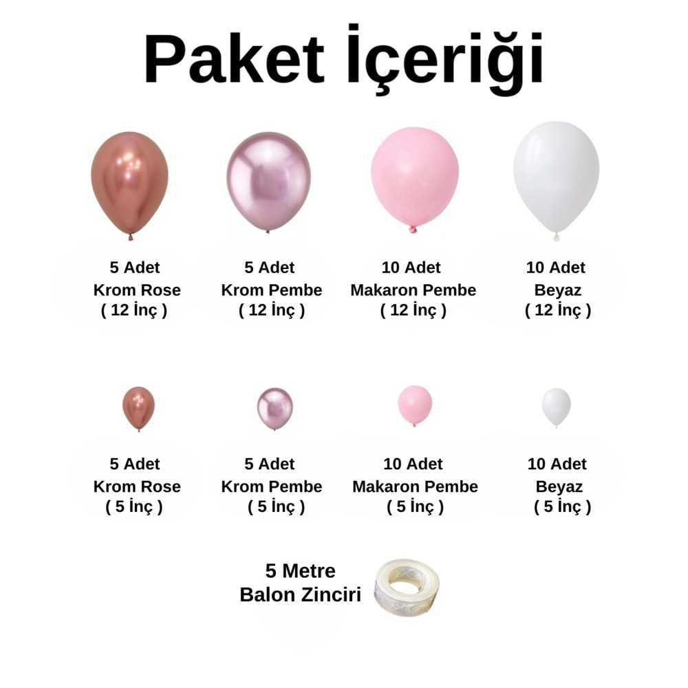 Balon Seti Krom Rose Gold-Krom Pembe-Makaron Pembe-Beyaz 60 Lı Balon Zinciri Seti