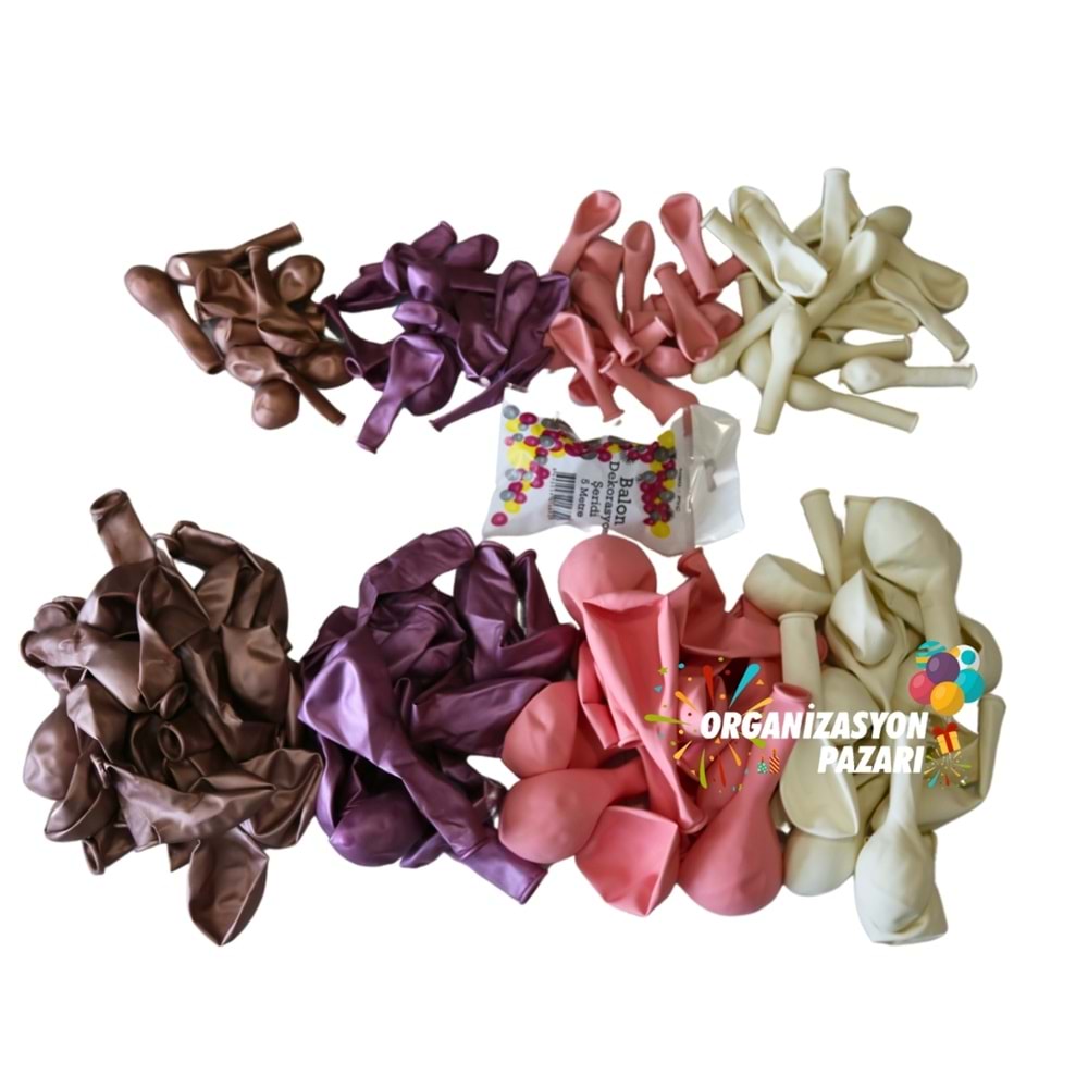 Balon Seti Krom Rose Gold-Krom Pembe-Makaron Pembe-Beyaz 60 Lı Balon Zinciri Seti