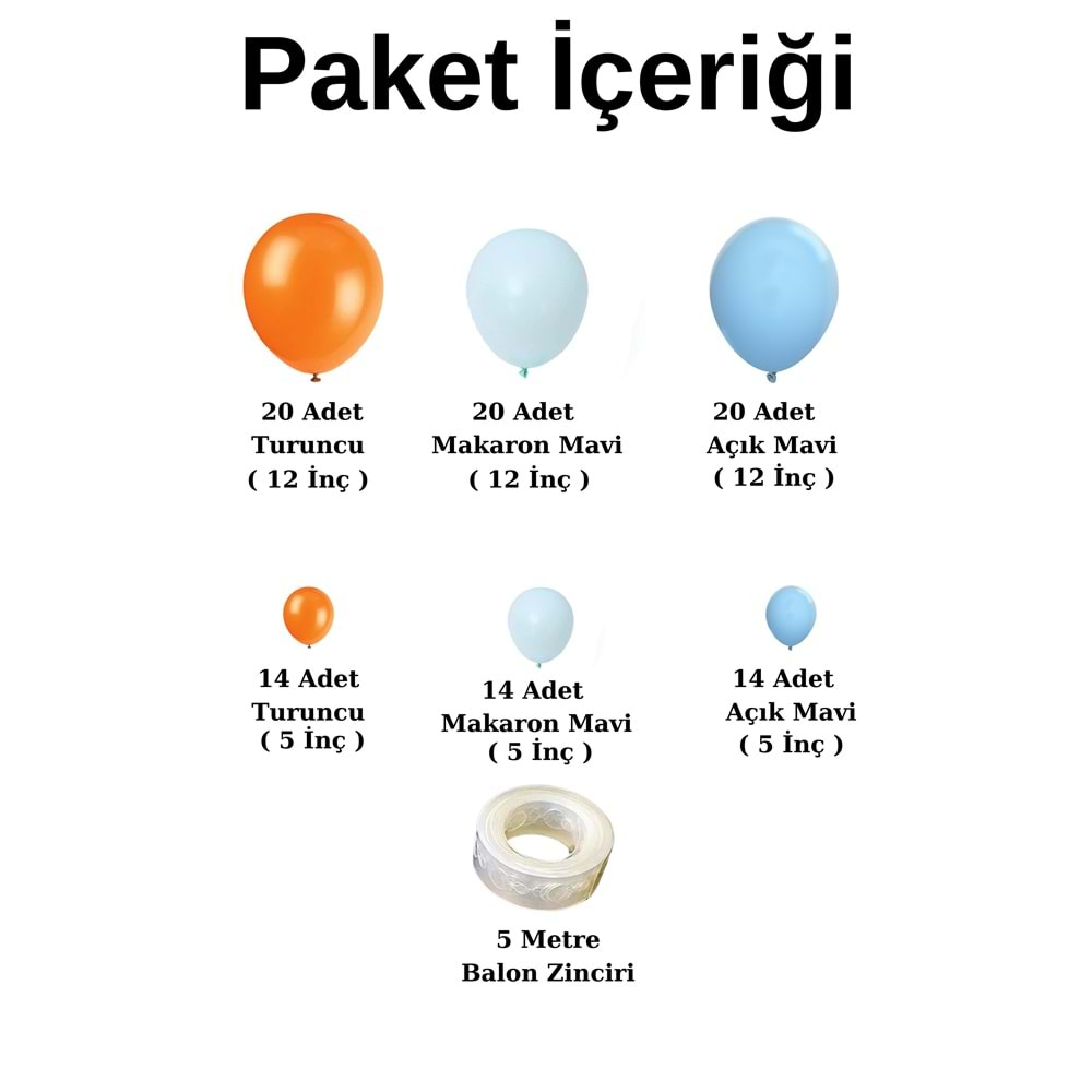 Balon Seti Açık Mavi-Turuncu-Makaron Mavi 100 lü Balon Zinciri Seti