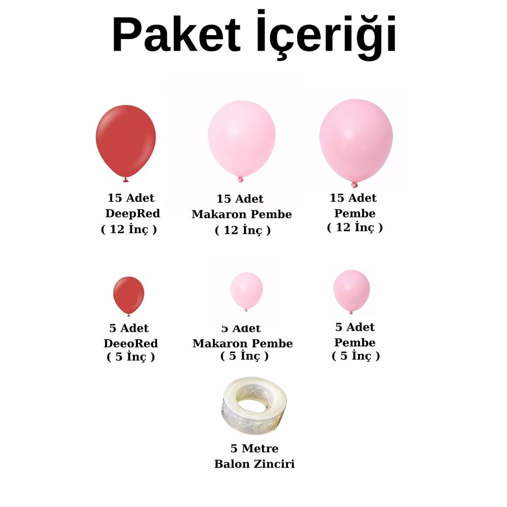 Balon Seti DeepRed-Makaron Pembe-Pastel Pembe 60 Lı Balon Zinciri Seti