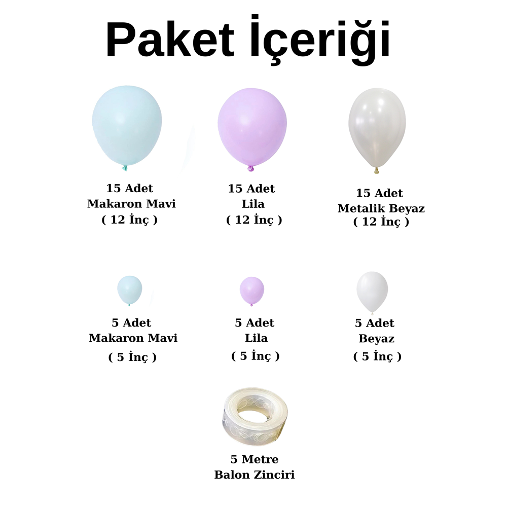 Balon Seti Makaron Mavi-Lila-Metalik Beyaz 60 Lı Balon Zinciri Seti