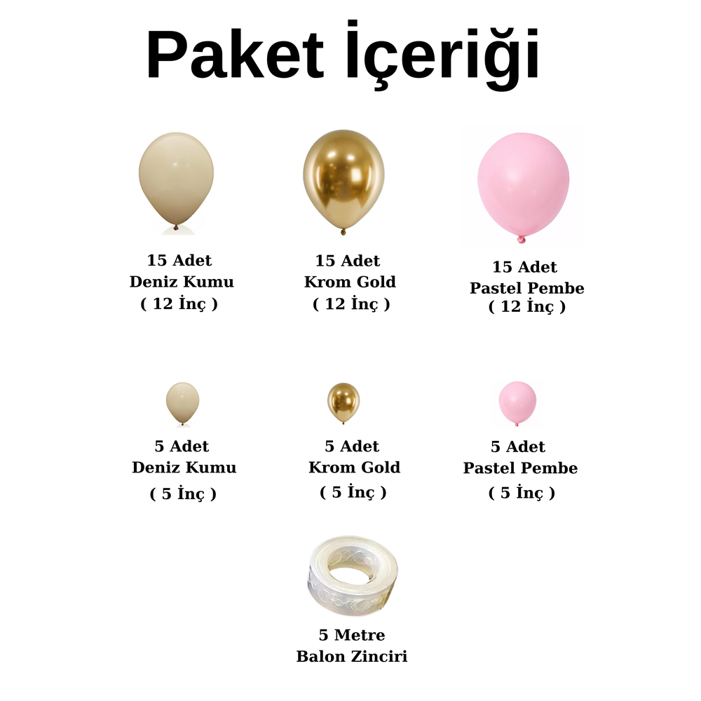 Balon Seti Krom Gold-Deniz Kumu-Pastel Pembe 60 Lı Balon Zinciri Seti
