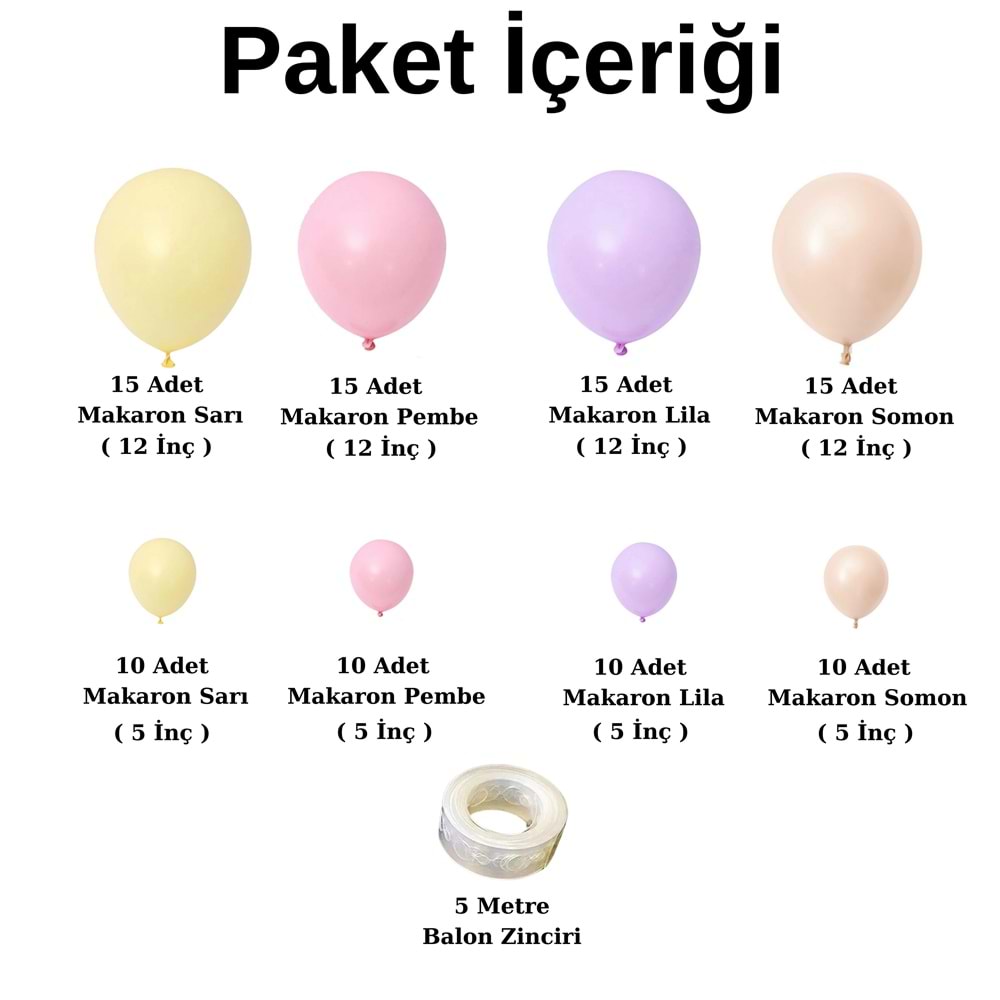 Balon Seti Makaron Sarı-Makaron Pembe-Makaron Lila-Makaron Somon 100 Lü Balon Zinciri Seti
