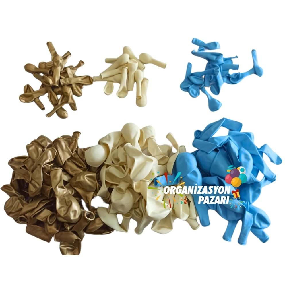 Balon Seti Krom Gold-Makaron Mavi-Beyaz 100 Lü Balon Zinciri Seti