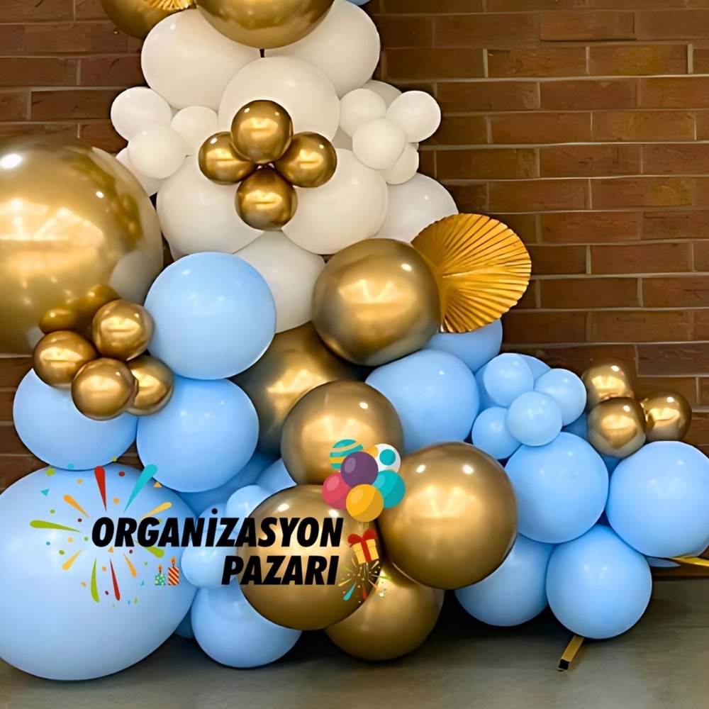 Balon Seti Krom Gold-Makaron Mavi-Beyaz 100 Lü Balon Zinciri Seti
