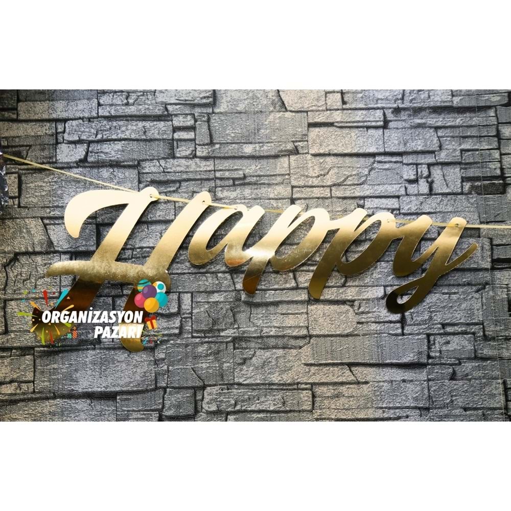 Gold Renkli Metalik Happy Birthday El Yazısı Banner