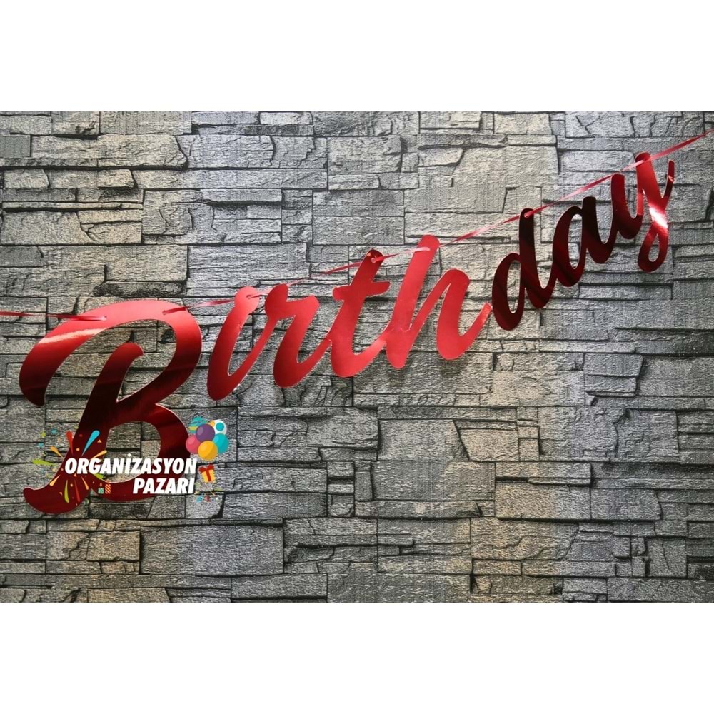 Kırmızı Renkli Metalik Happy Birthday El Yazısı Banner