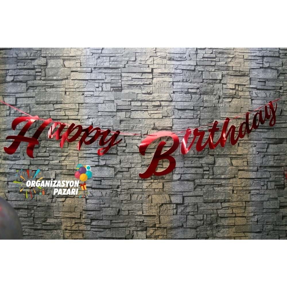 Kırmızı Renkli Metalik Happy Birthday El Yazısı Banner
