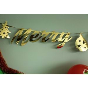 Yılbaşı Parti Süsü -Merry Chrıstmas- Yazılı Metalik Gold Banner Duvar Süsü