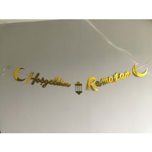 Hoşgeldin Ramazan Yazılı Metalik Gold Ramazan Bayramı Altın Renginde Ipli Süs Yazı Banner