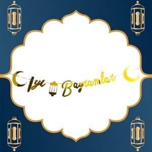 İyi Bayramlar Yazılı Metalik Gold Ramazan Bayramı Altın Renginde Ipli Süs Yazı Banner