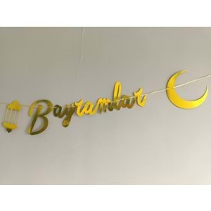 İyi Bayramlar Yazılı Metalik Gold Ramazan Bayramı Altın Renginde Ipli Süs Yazı Banner