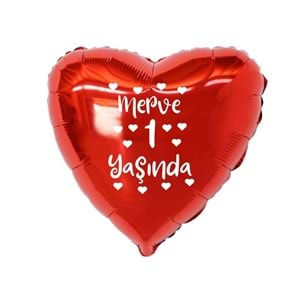 18 inç Kırmızı Renk Kişiye Özel Yaşında Yazılı Kalp Figürlü Beyaz Yazılı Folyo Balon