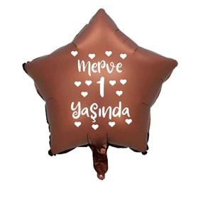 18 inç Çikolata Kahve Renk Kişiye Özel Yaşında Yazılı Kalpli Yıldız Folyo Balon