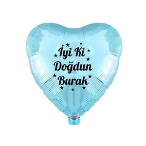 18 inç Açık Mavi Renk Kişiye Özel İyi ki Doğdun Yazılı Beyaz Yazılı Kalp Folyo Balon