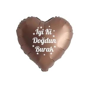18 inç Kahverengi Renk Kişiye Özel İyi ki Doğdun Yazılı Beyaz Yazılı Kalp Folyo Balon