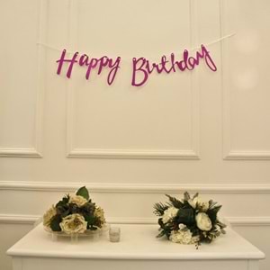 Fuşya Simli Renkli Happy Birthday El Yazısı Banner