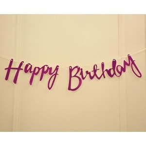 Fuşya Simli Renkli Happy Birthday El Yazısı Banner