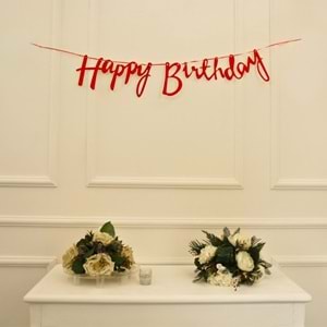 Kırmızı Simli Renkli Happy Birthday El Yazısı Banner