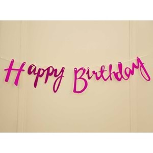 Pembe Simli Renkli Happy Birthday El Yazısı Banner