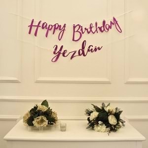 Kişiye Özel Simli Fuşya Renkli Happy Birthday El Yazısı Banner