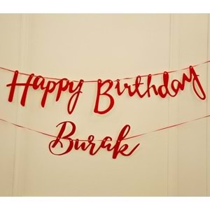 Kişiye Özel Simli Kırmızı Renkli Happy Birthday El Yazısı Banner