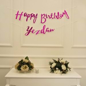 Kişiye Özel Simli Pembe Renkli Happy Birthday El Yazısı Banner