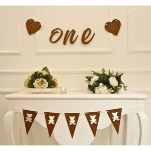 ONE Yazılı Craft Renk Banner İpli Duvar Süsü 1 Yaş Parti Süsü Ve Ayıcık Üçgen Flama İkili Set