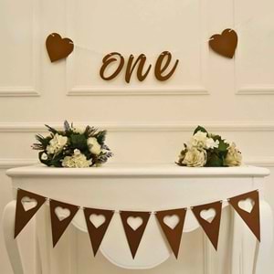 ONE Yazılı Craft Renk Banner İpli Duvar Süsü 1 Yaş Parti Süsü Ve Kalpli Üçgen Flama İkili Set