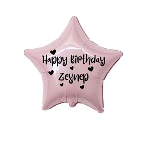 18 inç Pembe Renk Kişiye Özel Happy Birthday Yazılı Kalp Figürlü Yıldız Folyo Balon