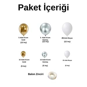 Balon Seti Krom Gümüş-Krom Gold-Pastel Beyaz 100 Lü Balon Zinciri Seti