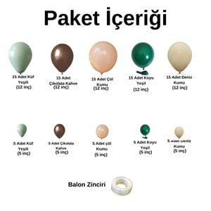 Balon Seti Küf Yeşili-Çikolata Kahve-Çöl Kumu-KoyuYeşil-Deniz Kumu 100 Lü Balon Zinciri Seti