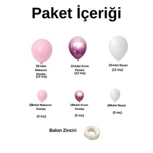 Balon Seti Makaron Pembe-Krom Pembe-Pastel Beyaz 100 Lü Balon Zinciri Seti
