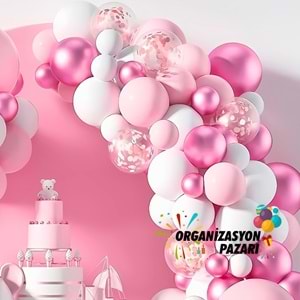 Balon Seti Makaron Pembe-Krom Pembe-Pastel Beyaz 100 Lü Balon Zinciri Seti