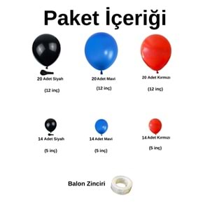 Balon Seti Siyah-Mavi-Kırmızı 100 Lü Balon Zinciri Seti