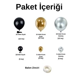 Balon Seti Siyah-Krom Gold-Krom Gümüş 60 Lı Balon Zinciri Seti