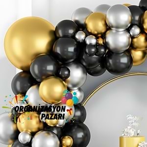 Balon Seti Siyah-Krom Gold-Krom Gümüş 60 Lı Balon Zinciri Seti