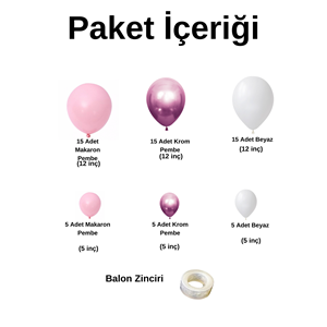 Balon Seti Makaron Pembe-Krom Pembe-Pastel Beyaz 60 Lı Balon Zinciri Seti