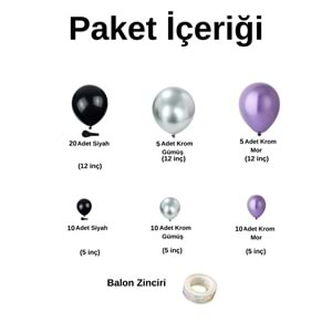 Balon Seti Krom Gümüş-Krom Mor-Siyah 60 Lı Balon Zinciri Seti