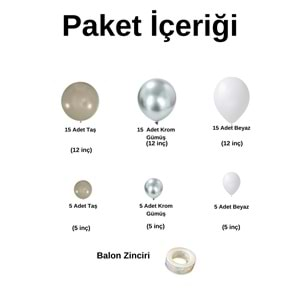 Balon Seti Krom Gümüş-Taş Rengi-Pastel Beyaz 60 Lı Balon Zinciri Seti