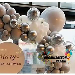 Balon Seti Krom Gümüş-Taş Rengi-Pastel Beyaz 60 Lı Balon Zinciri Seti