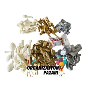 Balon Seti Krom Gümüş-Krom Gold-Pastel Beyaz 60 Lı Balon Zinciri Seti