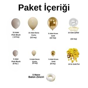 Balon Seti Pink Blush-Deniz Kumu-Krom Gold-Şeffaf 60 Lı Balon Zinciri Seti +10GrGoldPul