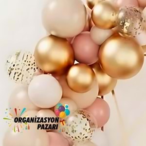 Balon Seti Pink Blush-Deniz Kumu-Krom Gold-Şeffaf 60 Lı Balon Zinciri Seti +10GrGoldPul