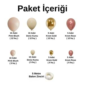 Balon Seti Pink Blush-Deniz Kumu-Krom Rose Gold-Krom Gold 60 Lı Balon Zinciri Seti
