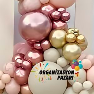 Balon Seti Pink Blush-Deniz Kumu-Krom Rose Gold-Krom Gold 60 Lı Balon Zinciri Seti