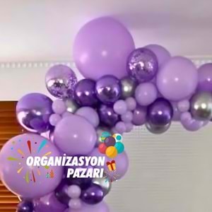 Balon Seti Krom Mor-Krom Gümüş-Makaron Lila-Mor 60 Lı Balon Zinciri Seti